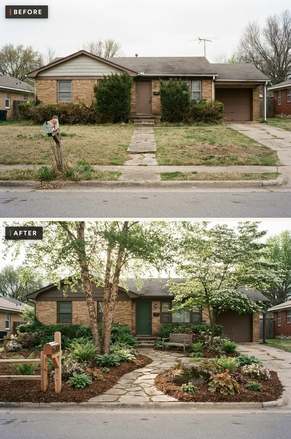 Before and after of a 1970s brick ranch front yard replaced by a woodland native garden with multi-stem river birches, a flowering dogwood, ferns and hostas in bark mulch, a curving flagstone path, a split-rail fence and a green front door