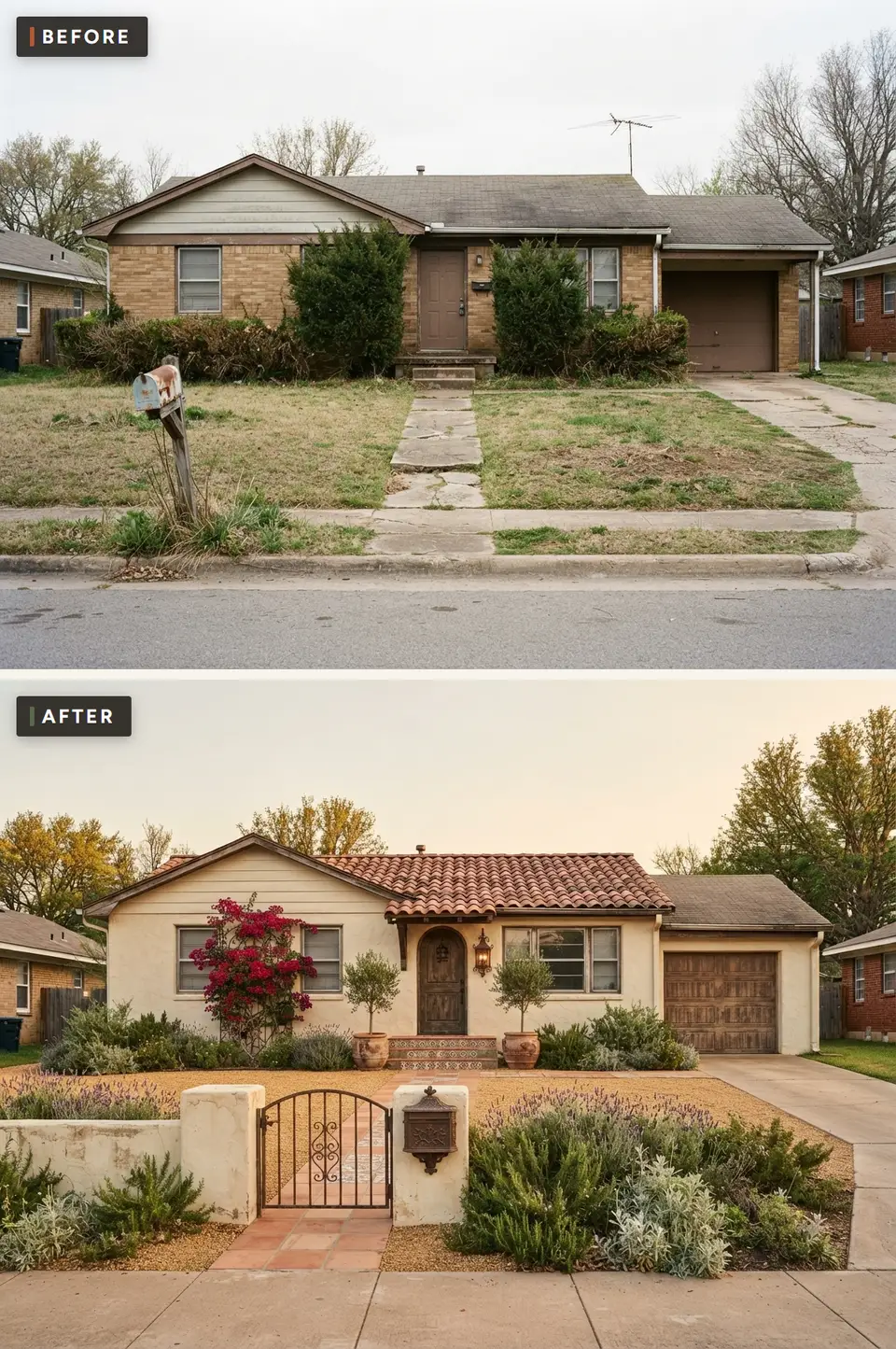 Before and after of a 1970s brick ranch reworked as a Mediterranean courtyard front with cream stucco, a clay tile roof over the main house, an arched wood door, bougainvillea, olive trees in terracotta pots, lavender and a low stucco wall with a wrought-iron gate