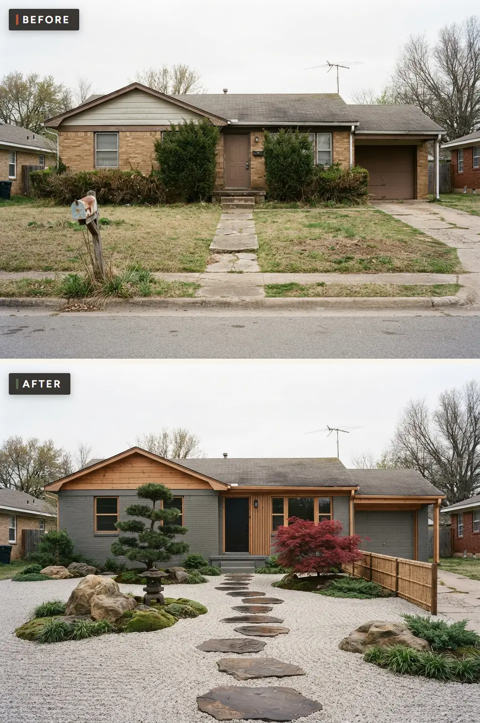 Before and after of a 1970s ranch front yard turned into a Japanese-inspired garden with raked pale gravel, a stone slab path, a sculpted black pine, a red Japanese maple, boulders, moss, a stone lantern and a bamboo fence, with charcoal painted brick and cedar trim