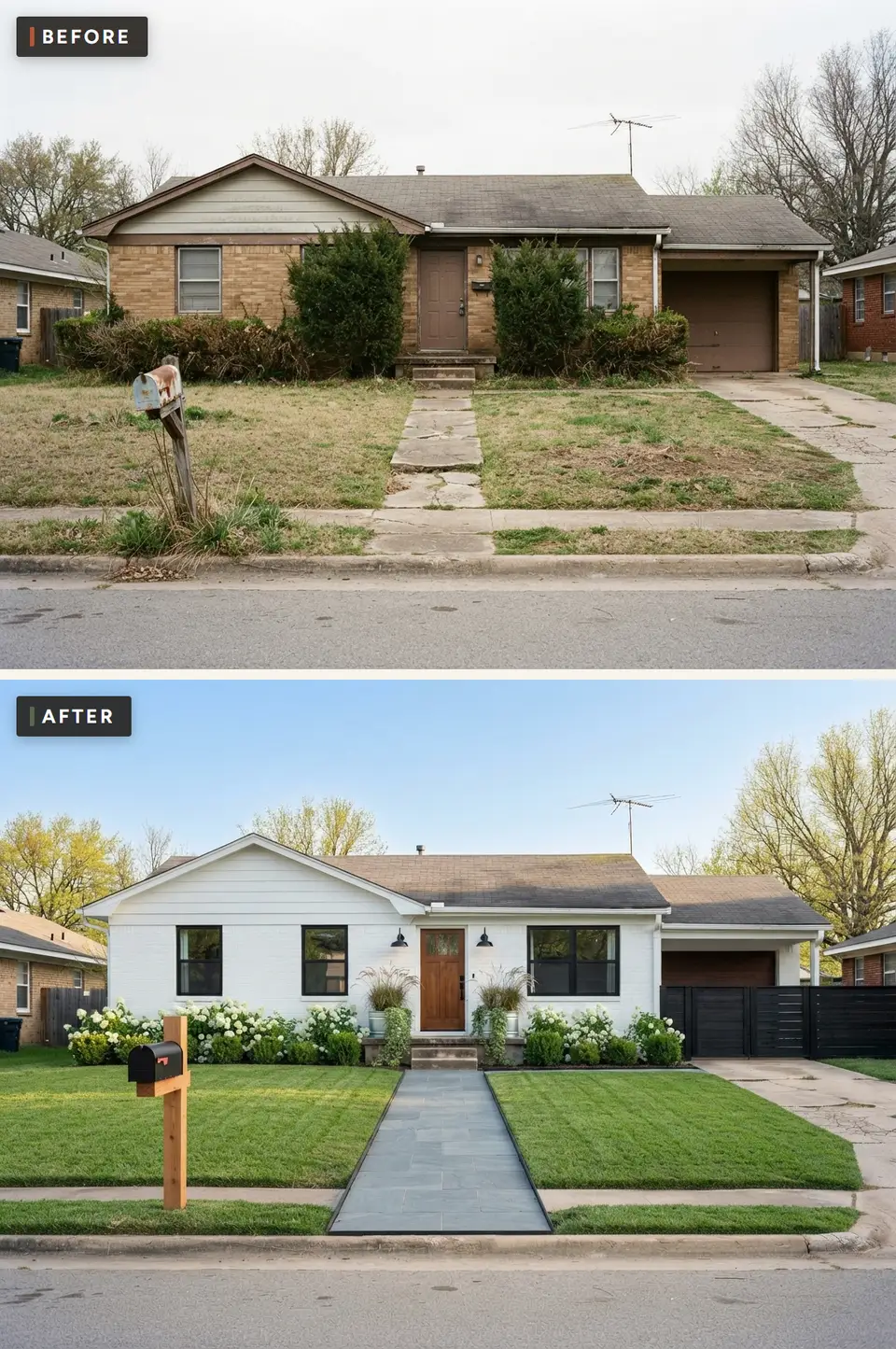Before and after of a 1970s brick ranch with white painted brick, black windows, a stained wood front door, a straight bluestone walkway, white hydrangeas along the foundation and a black horizontal board fence by the driveway