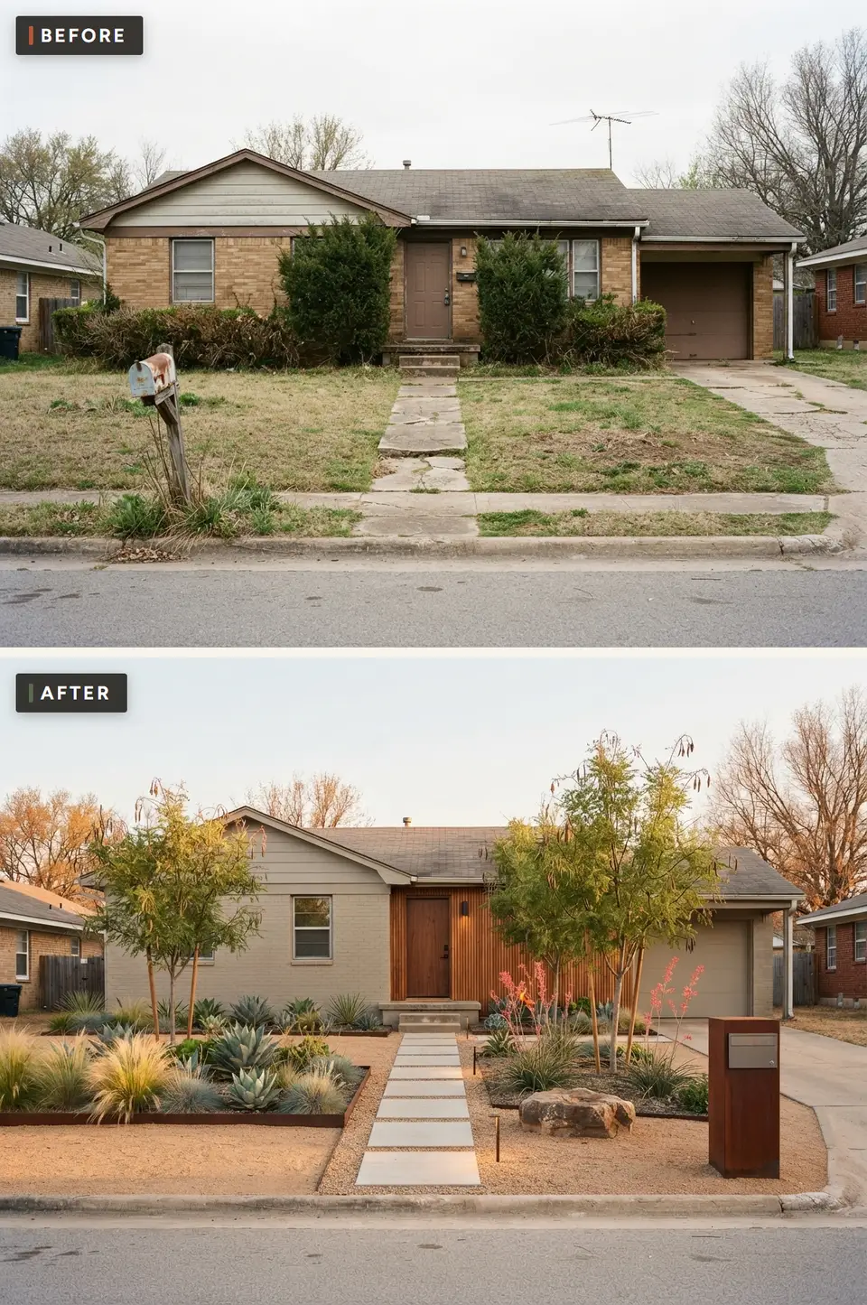 Before and after of a 1970s ranch front yard turned into a drought-tolerant xeriscape with decomposed granite, ornamental grasses, agave and red yucca, concrete steppers, Corten steel edging, desert willows and a greige painted brick facade