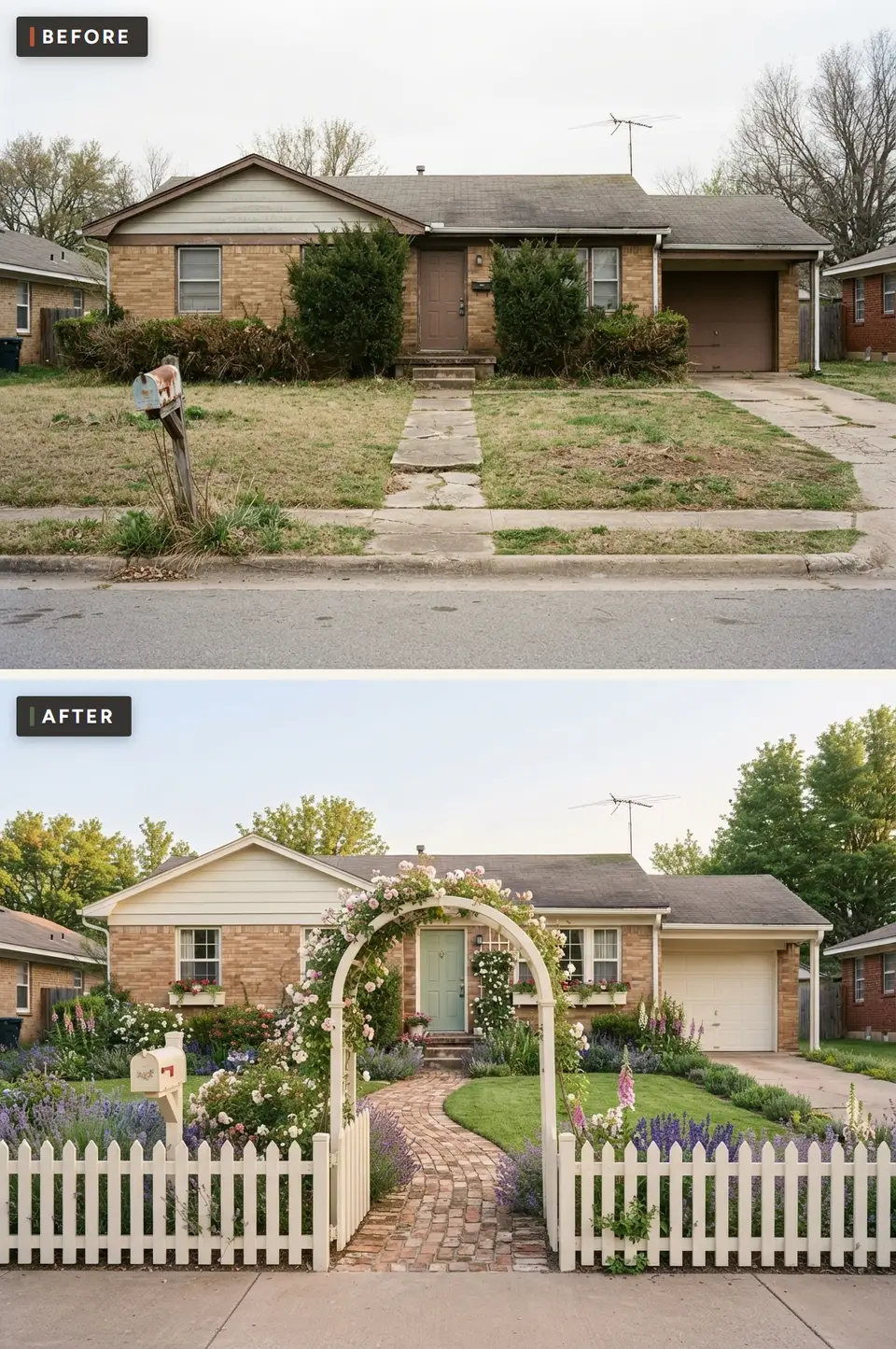 Before and after of a 1970s brick ranch front yard turned into an English cottage garden with a white picket fence, an arched rose arbor, a curving brick path, lavender, foxgloves, roses and a sage green front door