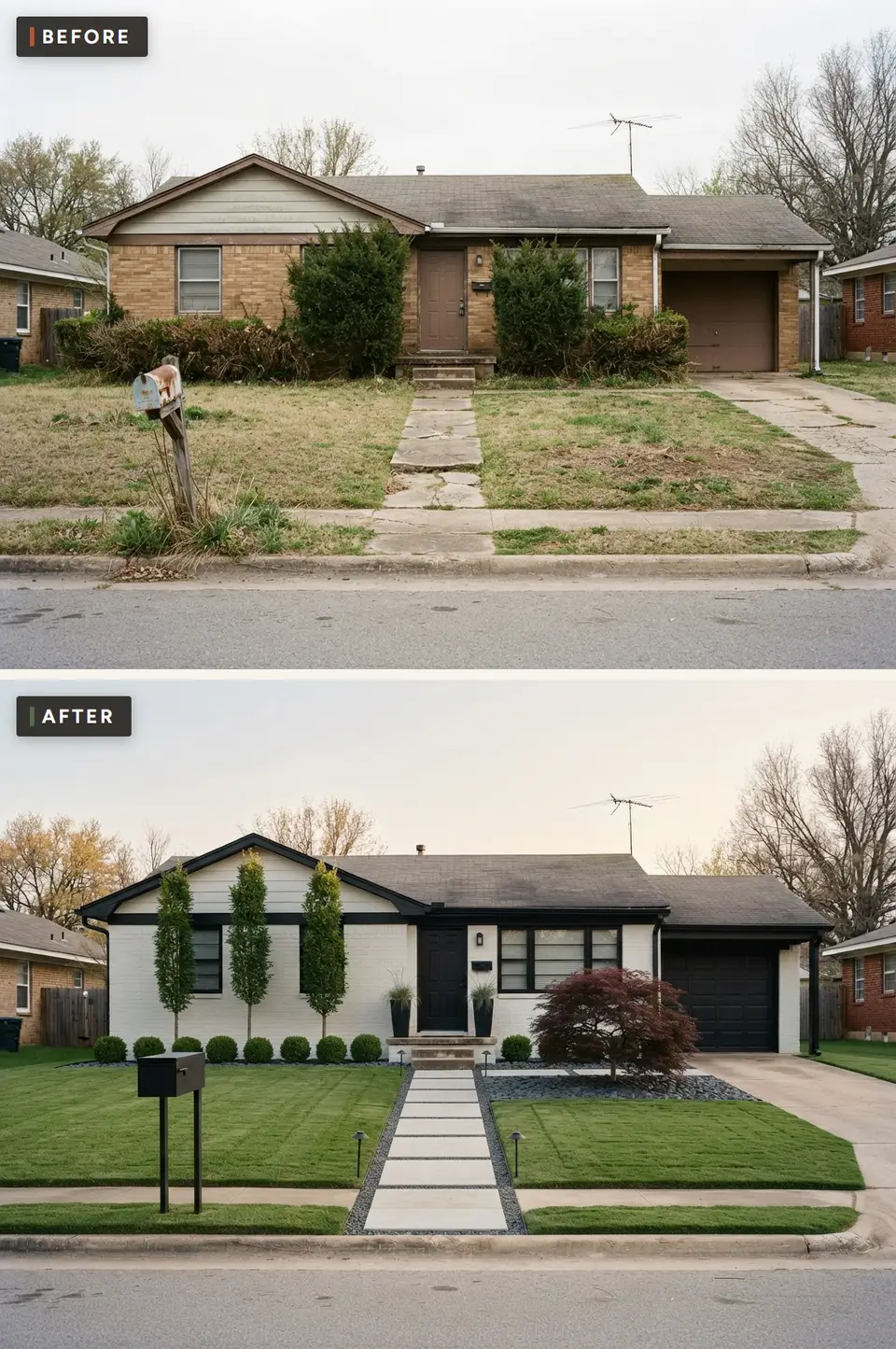 Before and after of a 1970s ranch front yard in a modern minimalist style with white painted brick, black trim and garage door, three columnar trees, a row of boxwood spheres, a Japanese maple and a concrete paver walk with gravel joints