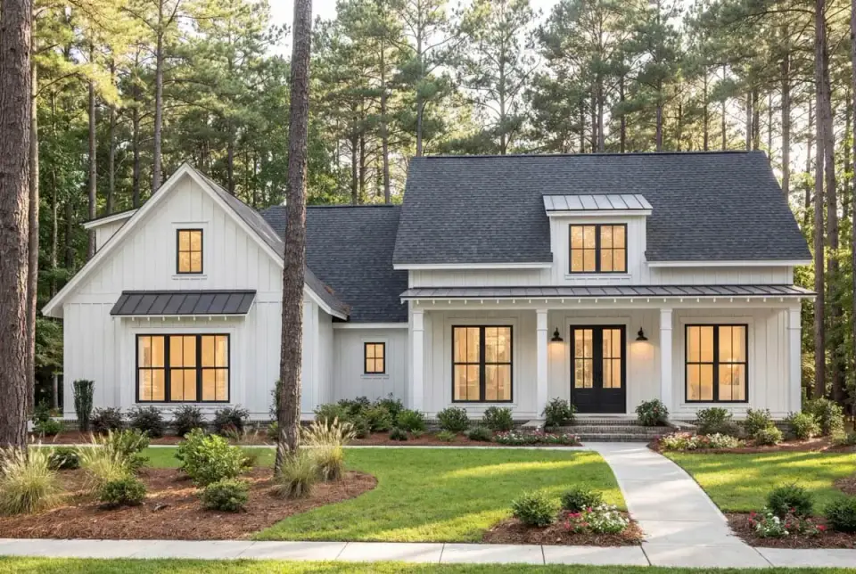 Front elevation of 2077 sq ft modern farmhouse with cedar shake, board-and-batten gables, stone column bases and black window sashes