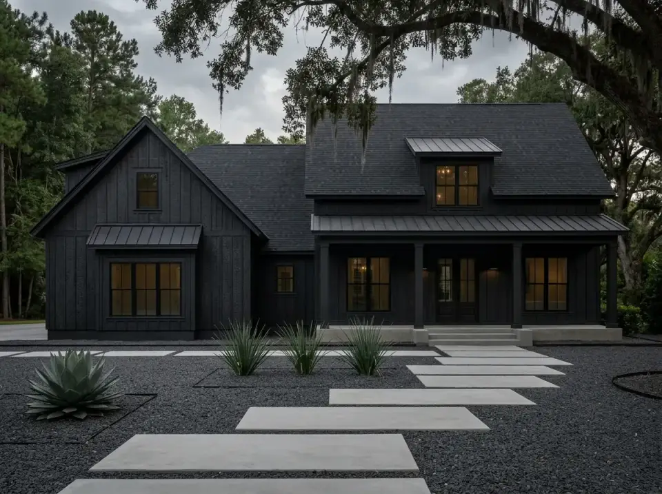 Monochrome Scandinavian variation with dark charcoal vertical board-and-batten siding, black standing seam roof and xeriscape gravel landscape