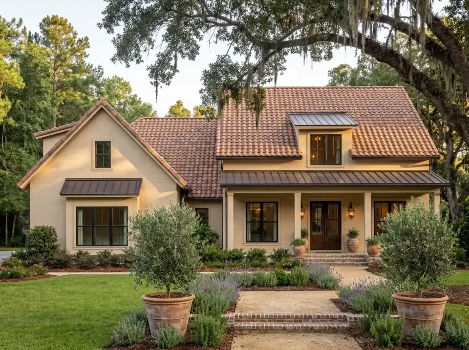 Mediterranean Spanish Colonial variation with warm beige stucco, terracotta barrel tile roof, copper gutters and olive trees in terracotta planters