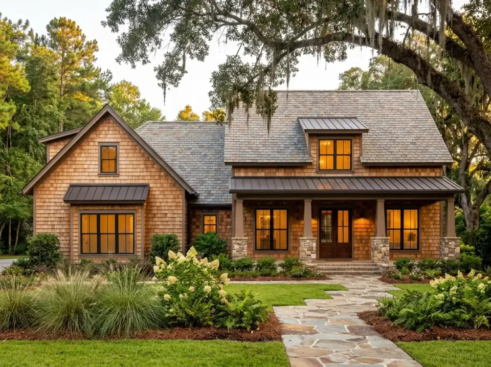 Rustic cedar Craftsman variation with natural cedar shake siding, Montana ledgestone column bases, flagstone path and dense fern landscape