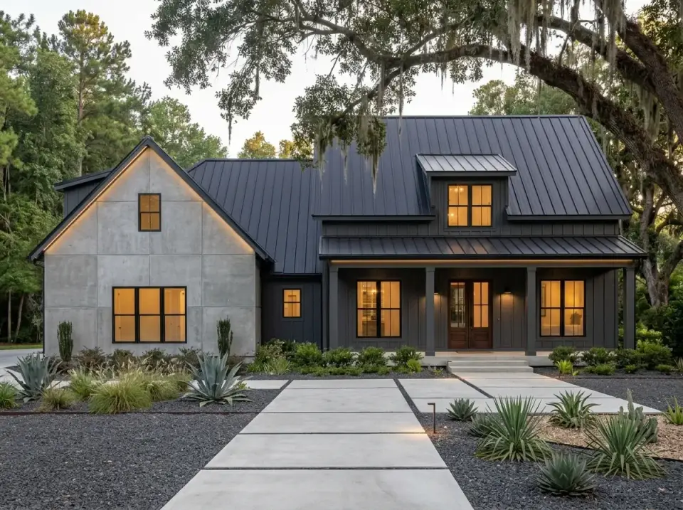 Industrial concrete and metal variation with large-format concrete panels, dark standing seam roof, steel columns and geometric paver landscape