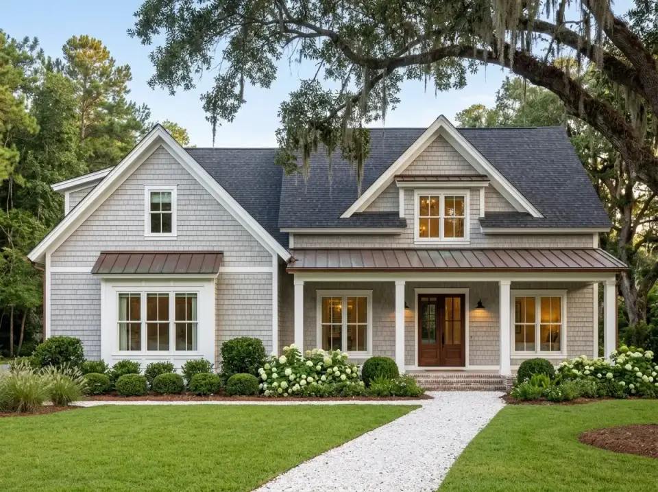 Coastal cottage variation with light gray cedar shake, crisp white trim, copper standing seam accents, crushed shell path and white hydrangea beds
