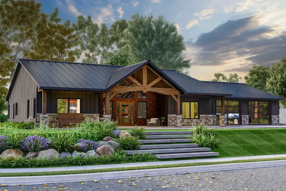 Front elevation of Country Craftsman plan 135188GRA showing full-width front porch, board-and-batten siding, stone column bases, and heavy timber trusses under a standing-seam metal roof
