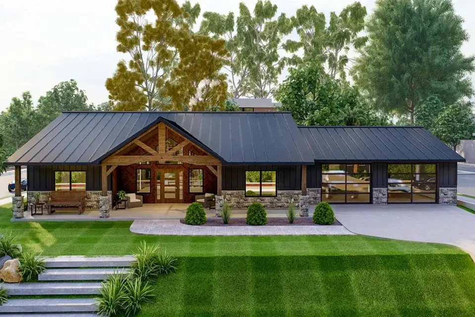Rear elevation showing the vaulted covered porch, expansive sliding glass doors into the great room, and outdoor living area