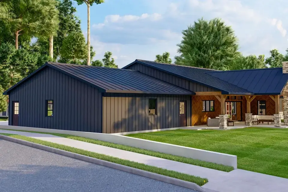 Side view of the single-story Craftsman with side-entry two-car garage and private rear porch visible