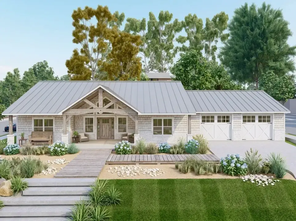 Coastal Cottage facade variation with light grey shake siding, white trim, weathered timber, and hydrangea landscaping