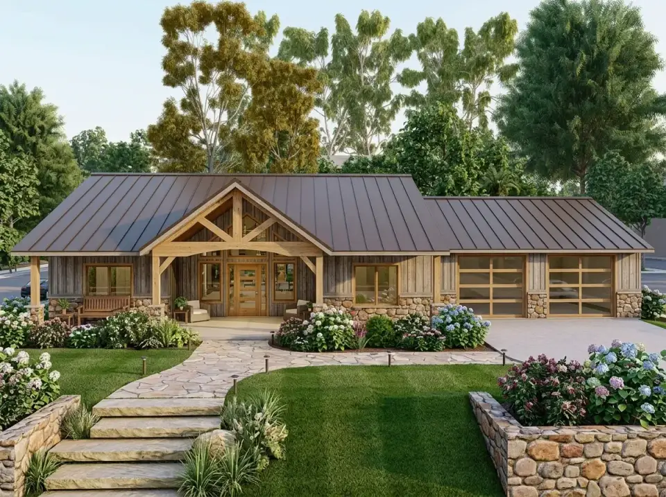 Rustic Timber and Stone facade with weathered vertical wood siding, fieldstone veneer, dark metal roof, and flagstone pathway