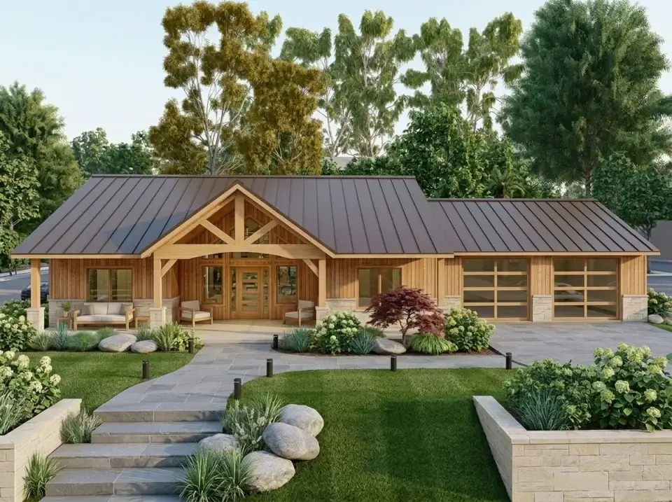 Warm Wood and Lighter Stone facade with clear-coated vertical wood siding, light stone veneer, Japanese maple, and flagstone walkway