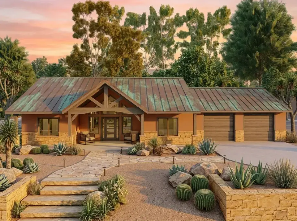 Southwest Desert facade variation with terracotta stucco, stone veneer, copper-patina metal roof, and xeriscape landscaping