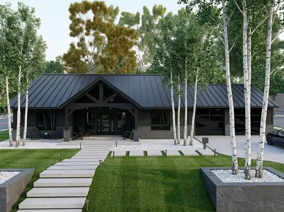 Monochromatic Black facade variation with all-black siding, trim, timber, and roof, offset by white gravel and birch trees
