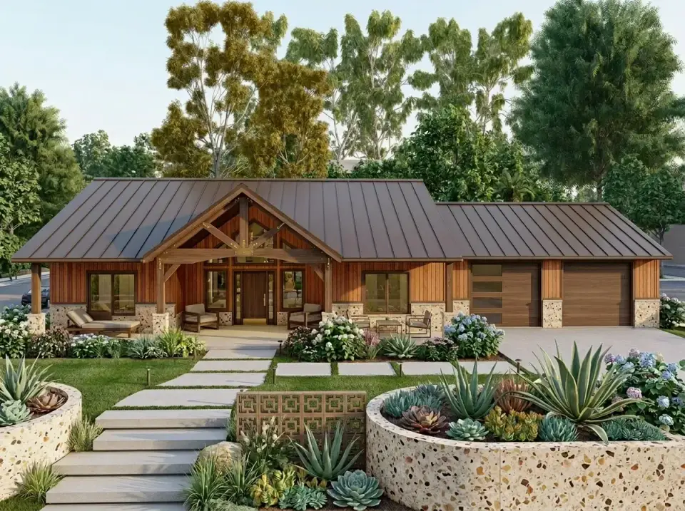 Modern Natural Craftsman facade keeping warm wood siding and stone veneer with updated succulent and agave landscaping