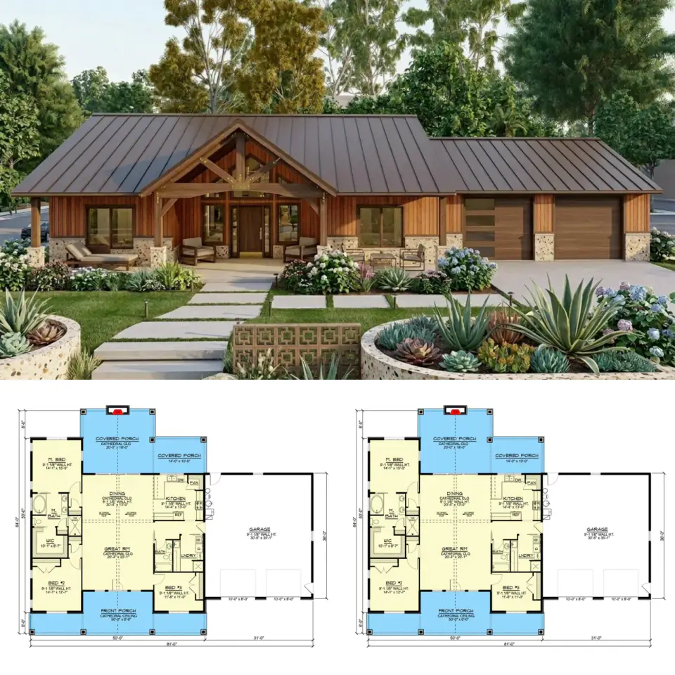 Single-Story Country Craftsman Home Plan with Vaulted Great Room