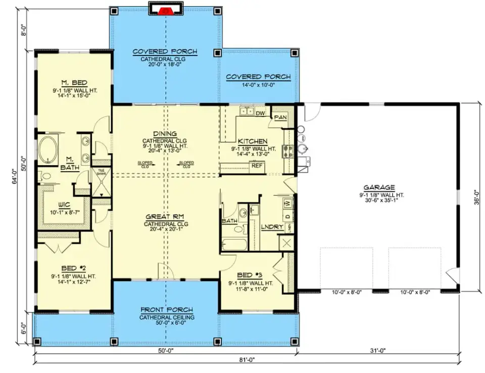 Main level floor plan of the 2,030 sq ft Country Craftsman with split-bedroom layout, vaulted great room, and side-entry two-car garage