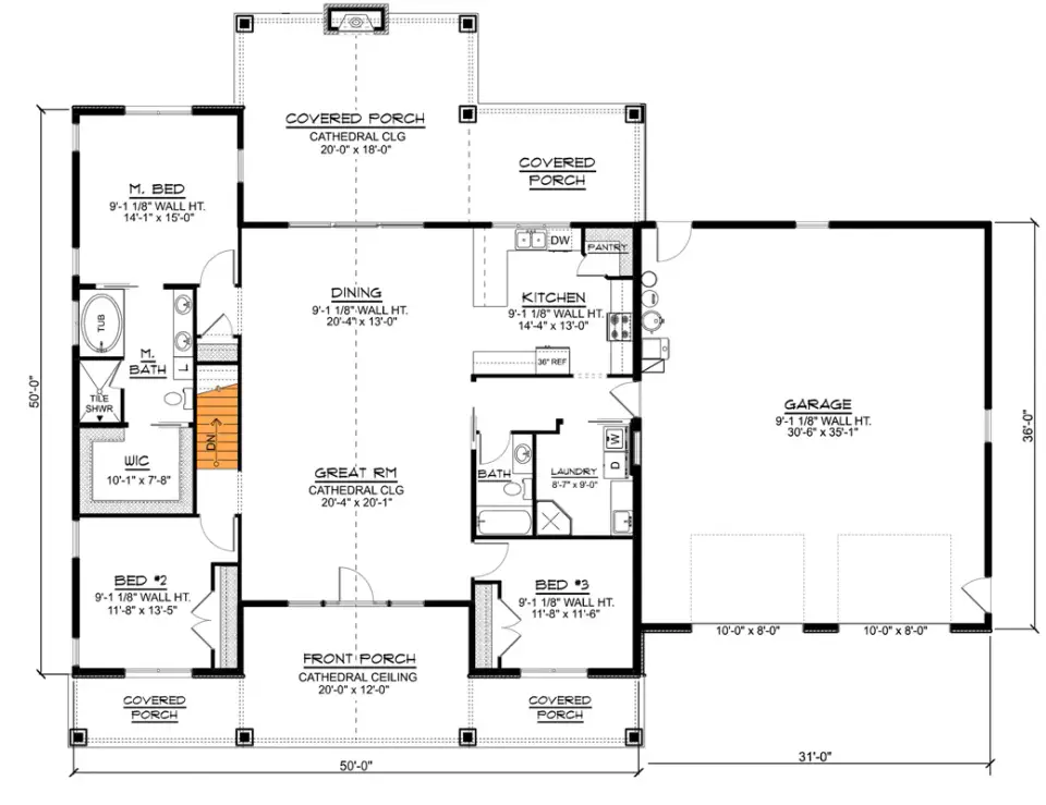 Alternate main level layout showing optional basement stairs positioned in the central hall, useful for sloped lots