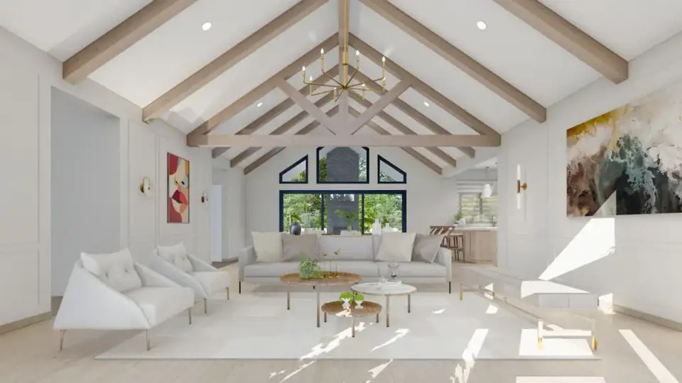Foyer looking toward the great room with sight-line through the vaulted space to the rear sliding glass doors