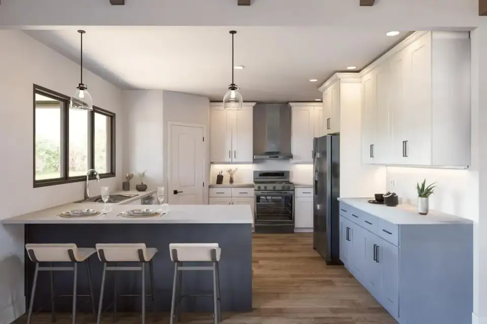 Primary bathroom showing freestanding tub, separate walk-in shower, double vanity, and water closet — the five-fixture configuration