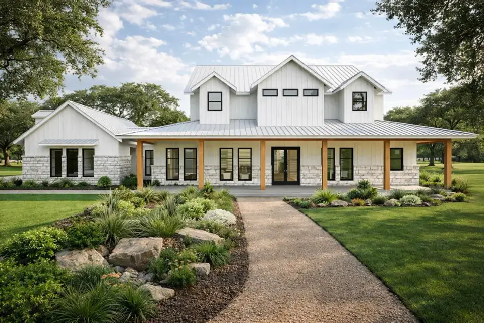 Front elevation of Plan 150019HRP New American Farmhouse showing multi-gabled rooflines, board-and-batten siding, stone veneer foundation and chimney, standing seam metal roof, wrap-around front porch, and four-car garage connected via breezeway