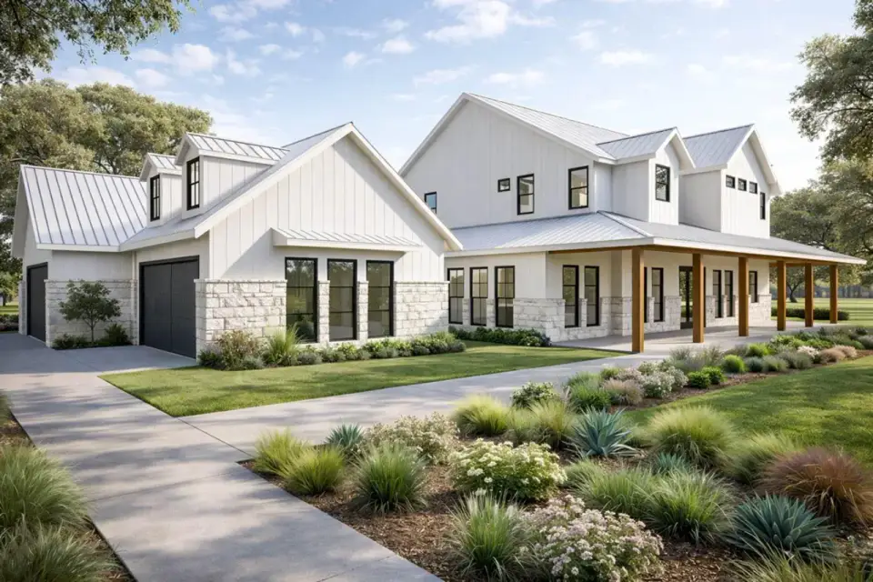 Rear elevation of Plan 150019HRP showing expansive rear wrap-around porch, two-story living room gable wall with large fenestration, and stone veneer chimney
