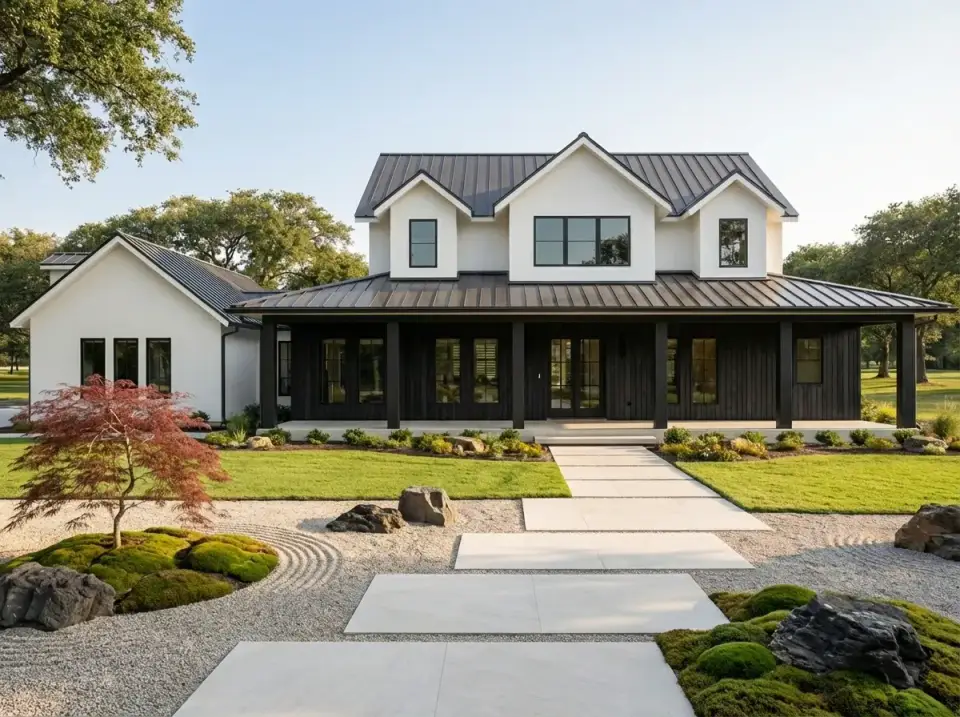 High-Contrast Modern Zen facade variation for Plan 150019HRP with crisp white Hardie smooth lap siding, dark charcoal vertical Hardie panel garage and porch accents, Marvin Modern factory-black windows, dark standing seam metal roof, and minimalist Zen landscape with raked gravel and Japanese maple
