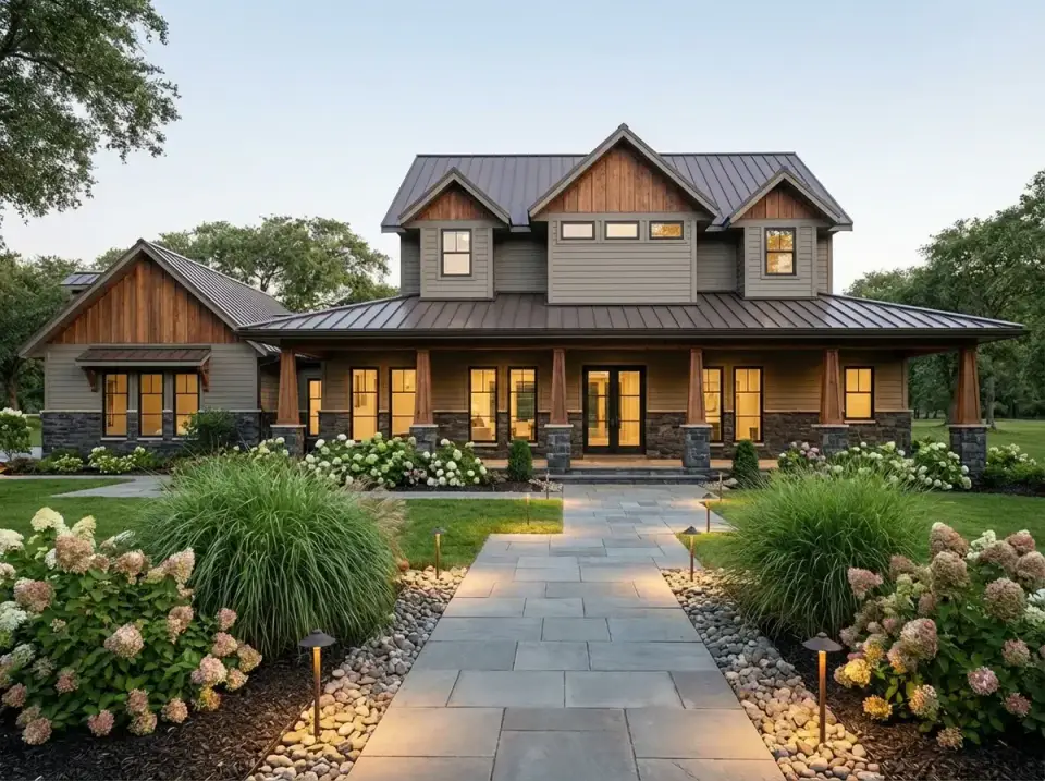 Rustic Craftsman facade variation for Plan 150019HRP combining medium-toned cedar wood lap siding on gables and garage with tan James Hardie board-and-batten main body, heavy dark Montana ledgestone veneer base, substantial wood porch posts, Drexel dark bronze metal roof, and traditional hydrangea landscape