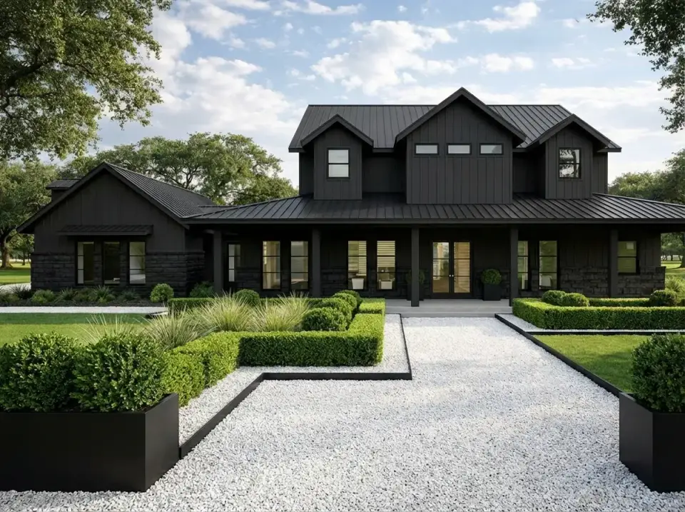 Monochromatic Black facade variation for Plan 150019HRP with entire exterior in Benjamin Moore Onyx 2133-10 — all siding, stone, window frames, and standing seam roof in black — paired with white gravel driveway, Buckingham Choctaw geometric boxwood hedges, and bright green zoysia lawn