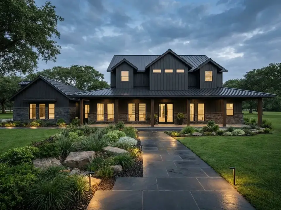 Moody Farmhouse facade variation for Plan 150019HRP with Benjamin Moore Iron Mountain 2134-30 dark grey board-and-batten siding, dark stone veneer with subtle brown undertones, natural cedar porch posts, dark standing seam metal roof, slate paver walkway, and naturalistic landscape with ferns and boulders