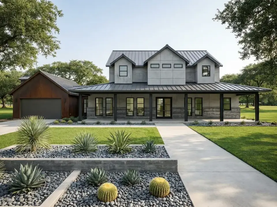 Industrial Modern facade variation for Plan 150019HRP with large Equitone fiber cement grey concrete-look panels on main body, Cor-Ten weathering steel panels on garage, board-marked concrete base, standing seam dark metal roof, black steel porch posts, and desert xeriscape with agave barrel cacti and concrete planter walls