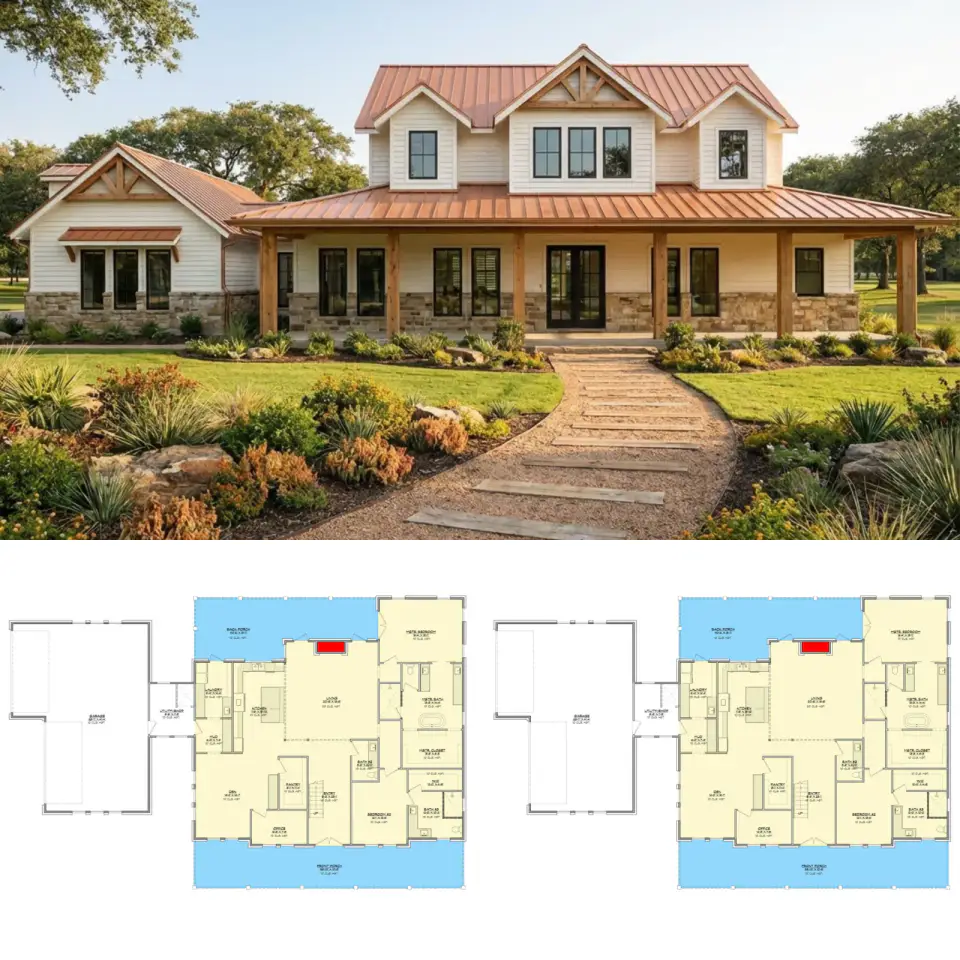 Expansive 6-Bedroom Modern Farmhouse Plan with 4-Car Garage