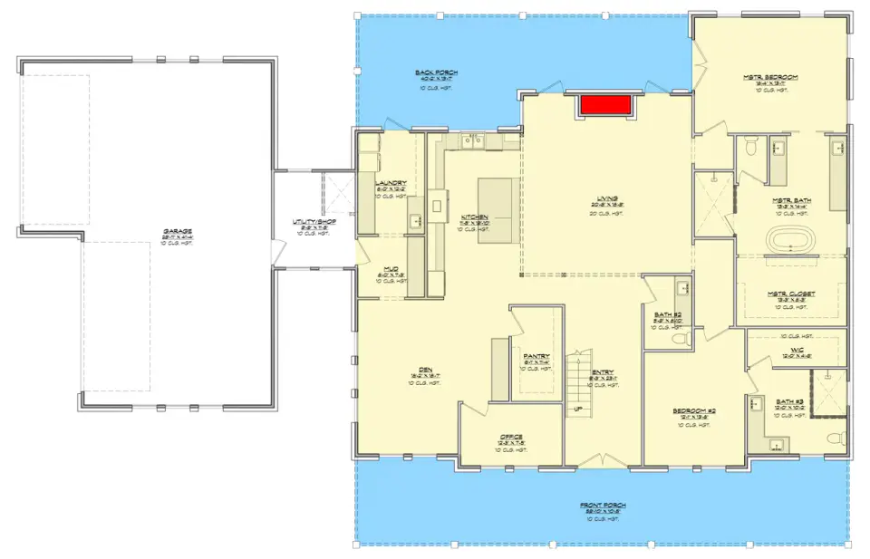 Main level floor plan for Plan 150019HRP showing two-story vaulted living room, open kitchen with central island and walk-in pantry, master suite with direct laundry access, main-floor guest suite with private bath, dedicated home office, separate den, mudroom connecting to utility shop and four-car garage, and wrap-around front and rear porches