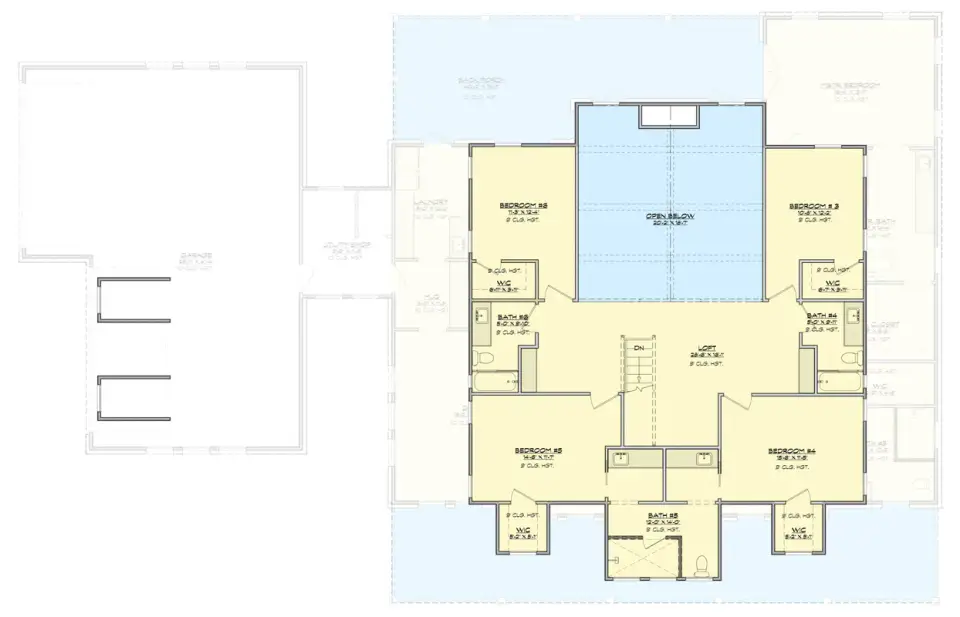 Second-floor plan for Plan 150019HRP showing four secondary bedrooms, two sharing a Jack-and-Jill bath, two with private en-suite baths, and a large open loft space overlooking the two-story living room below