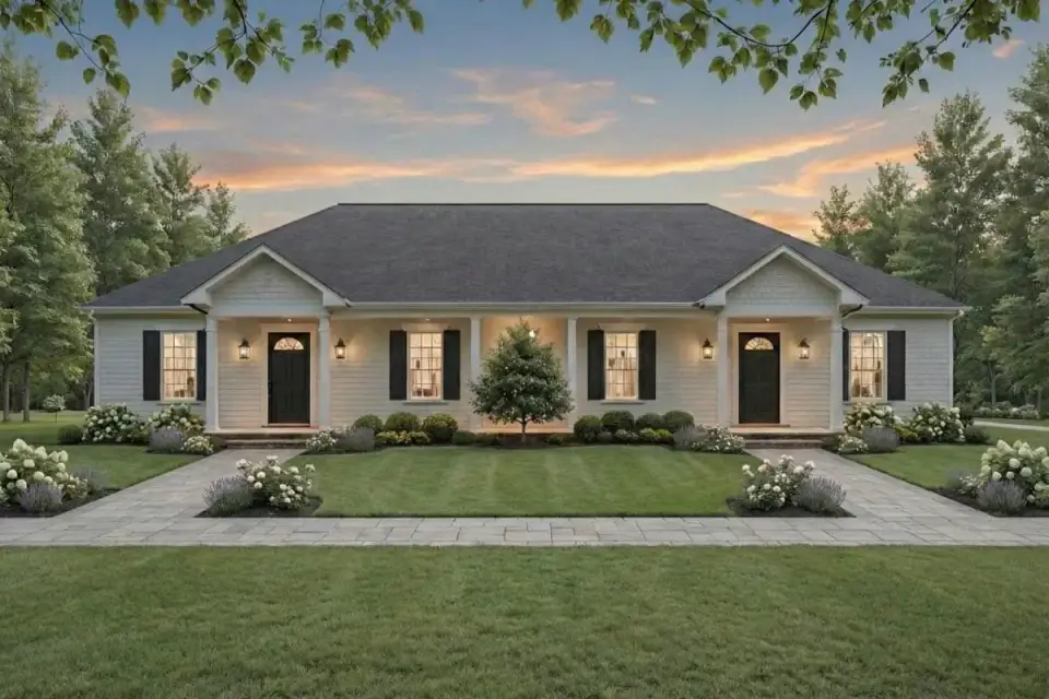 Exterior front elevation of the 1,650 sq ft ranch duplex showing symmetrical layout, vertical board-and-batten siding, central hip roof with flanking gables, and twin covered entry porches with square columns