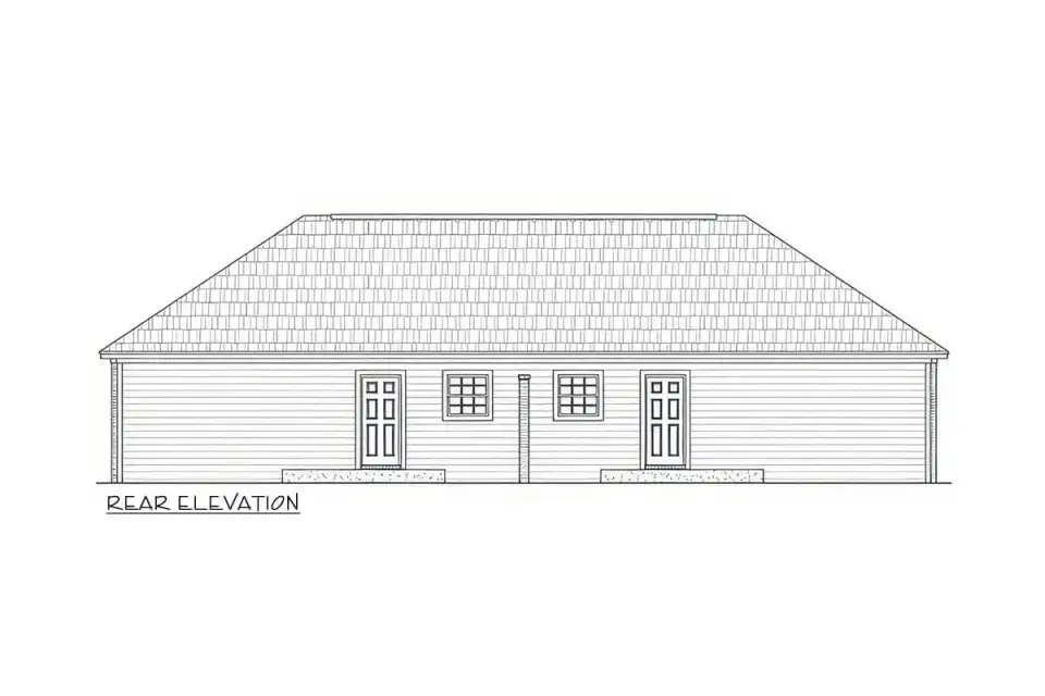 Alternate exterior view of Plan 51368MM duplex showing the symmetrical twin-entry configuration, dark window trim, rear patio access, and simple modern ranch proportions