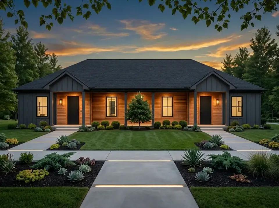 Modern Rustic Industrial duplex with dark gray vertical metal-look siding, warm natural wood accent wall framing the porch area, matte black window frames and trim, drought-resistant succulents and agave in linear concrete planters, and dark gravel pathways