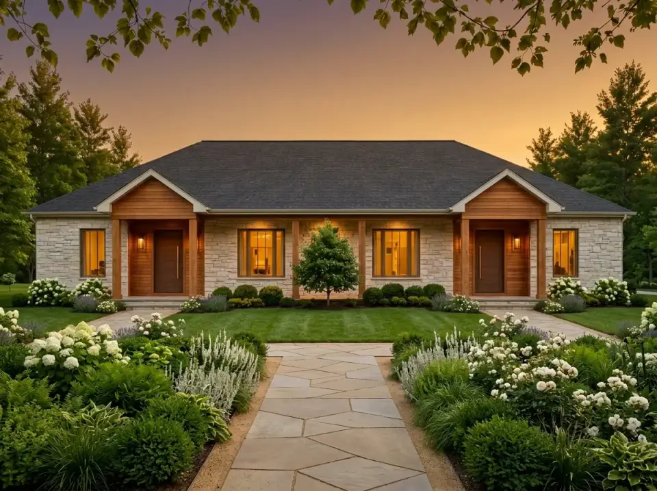 Rustic Craftsman duplex facade with substantial stacked stone veneer wainscot on the main body, warm stained wood siding in the gable ends, heavy timber square porch posts, flagstone walkways, and lush landscaping with ferns, hostas, and white roses