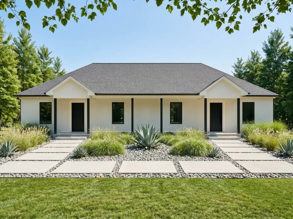 Minimalist Stucco duplex with smooth cream-colored three-coat stucco walls, stark matte black steel window frames, simple black square porch support columns, neutral gray asphalt shingle roof, architectural landscaping with large agave plants and ornamental grasses, and extensive river rock beds with concrete stepping stones