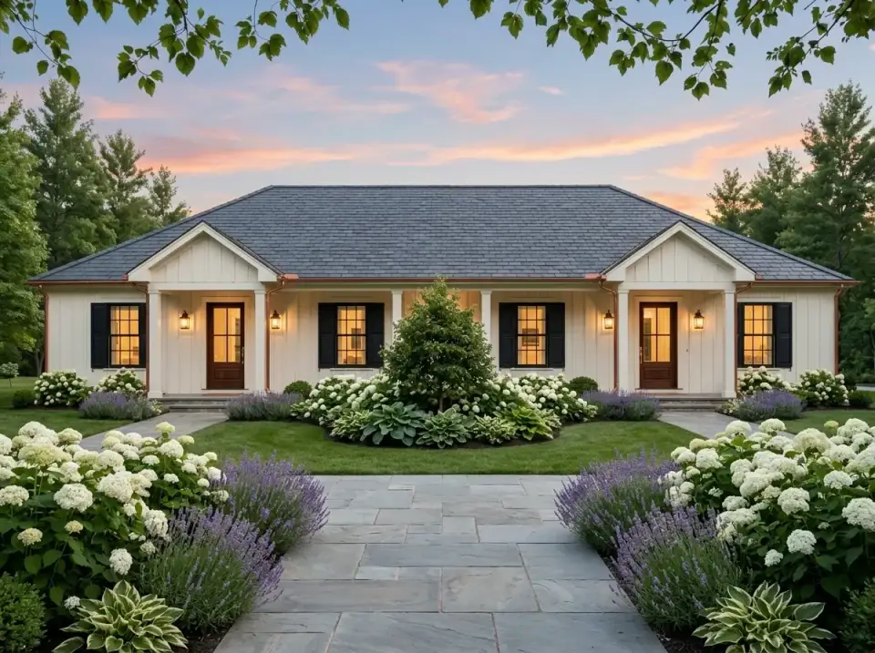 Classic Cottage duplex with white board-and-batten siding, dark slate-style asphalt roof shingles, distinct aged copper gutters and downspouts, dark stained wood entry doors, lush cottage-garden landscaping with drifts of purple lavender, 'Annabelle' hydrangea bushes, and hostas