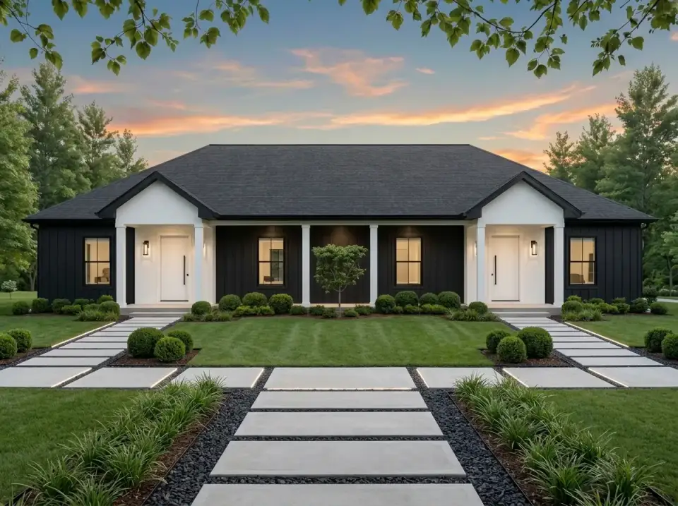 Scandinavian Modern Stark duplex with charcoal black vertical fiber-cement siding, stark white entry doors, crisp white trim around porch structures, dark asphalt shingle roof, manicured boxwood hedges in geometric arrangements, linear concrete pavers with black gravel borders, and integrated pathway lighting