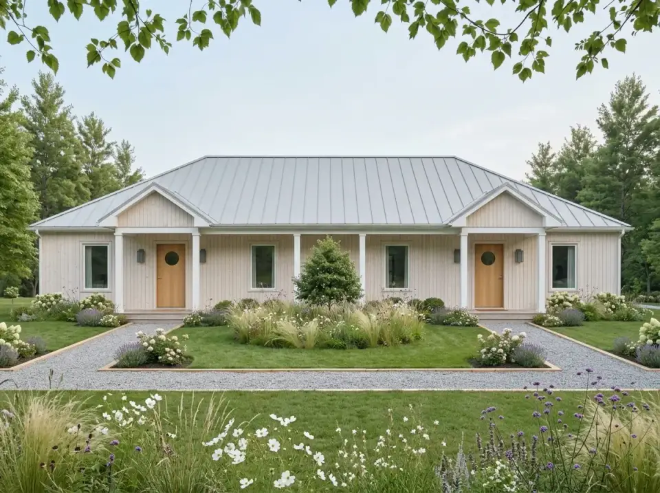 Nordic Minimalist Natural duplex with light natural-toned vertical cedar siding, light gray standing-seam metal roof, round porthole windows in entry doors, simple black wall sconces, naturalistic meadow landscape with tall ornamental grasses, wildflowers, and lavender bordering pea gravel walkways