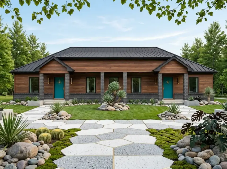 Mid-Century Modern Southwest duplex with horizontal medium-tone stained wood siding, dark gray brick foundation wainscot, bright turquoise entry doors with starburst hardware, barrel cacti and agave plantings, hexagonal terrazzo pavers, and large decorative river stones