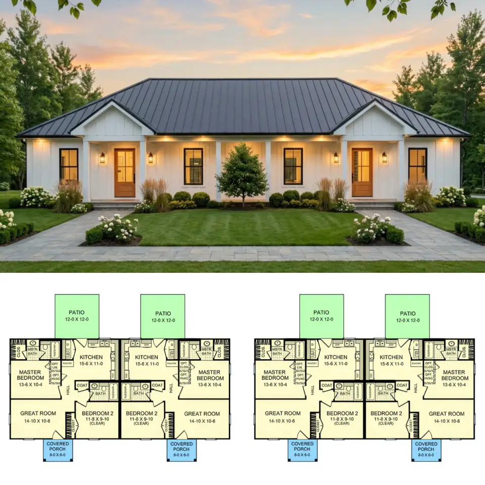 Modern Farmhouse Duplex Plan with Split Bedrooms