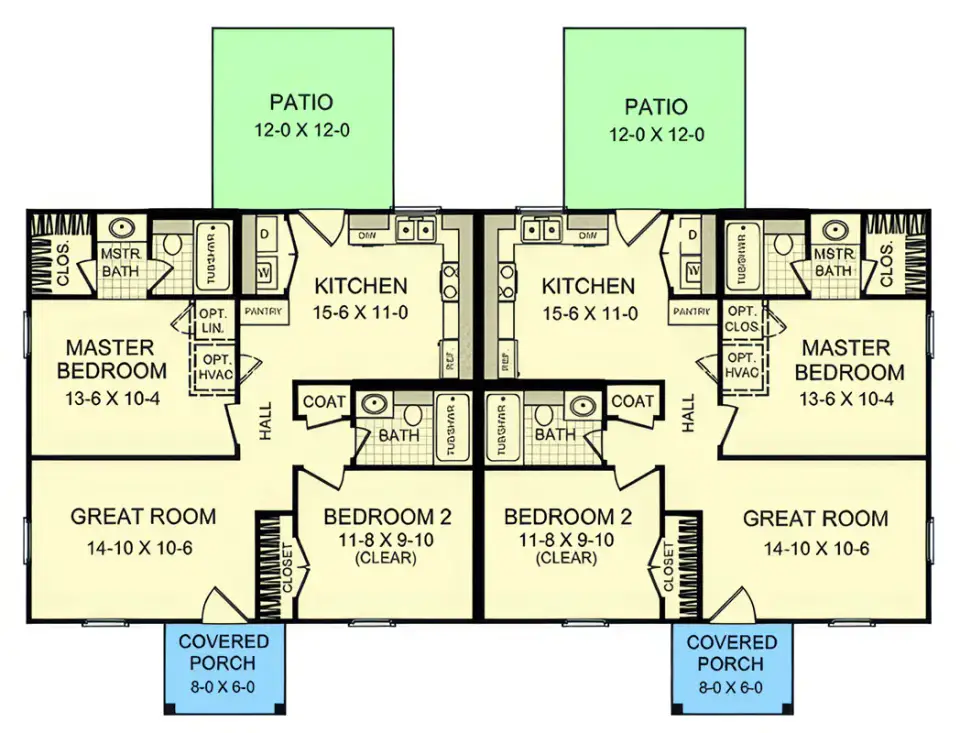 Main level floor plan for 1,650 sq ft two-unit ranch duplex with mirrored 825 sq ft units, split-bedroom layouts, open kitchen and great room, and rear patios