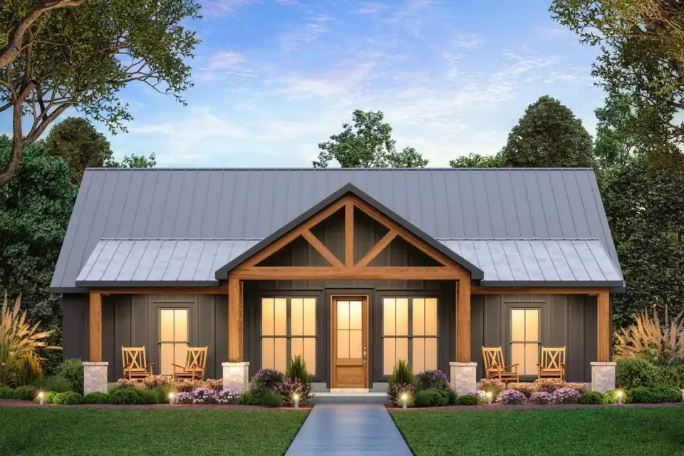 Front elevation of 1,677 sq ft modern farmhouse with board-and-batten siding, stone veneer porch columns, and standing seam metal roof