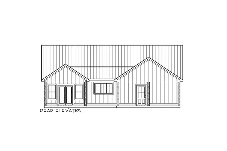 Rear elevation of three-bedroom farmhouse showing covered back porch and roof profile